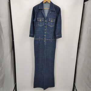 Bisou Bisou Denim Jumpsuit Sz M Y2K Flare Leg Button Front Long Sleeve Dark Blue
